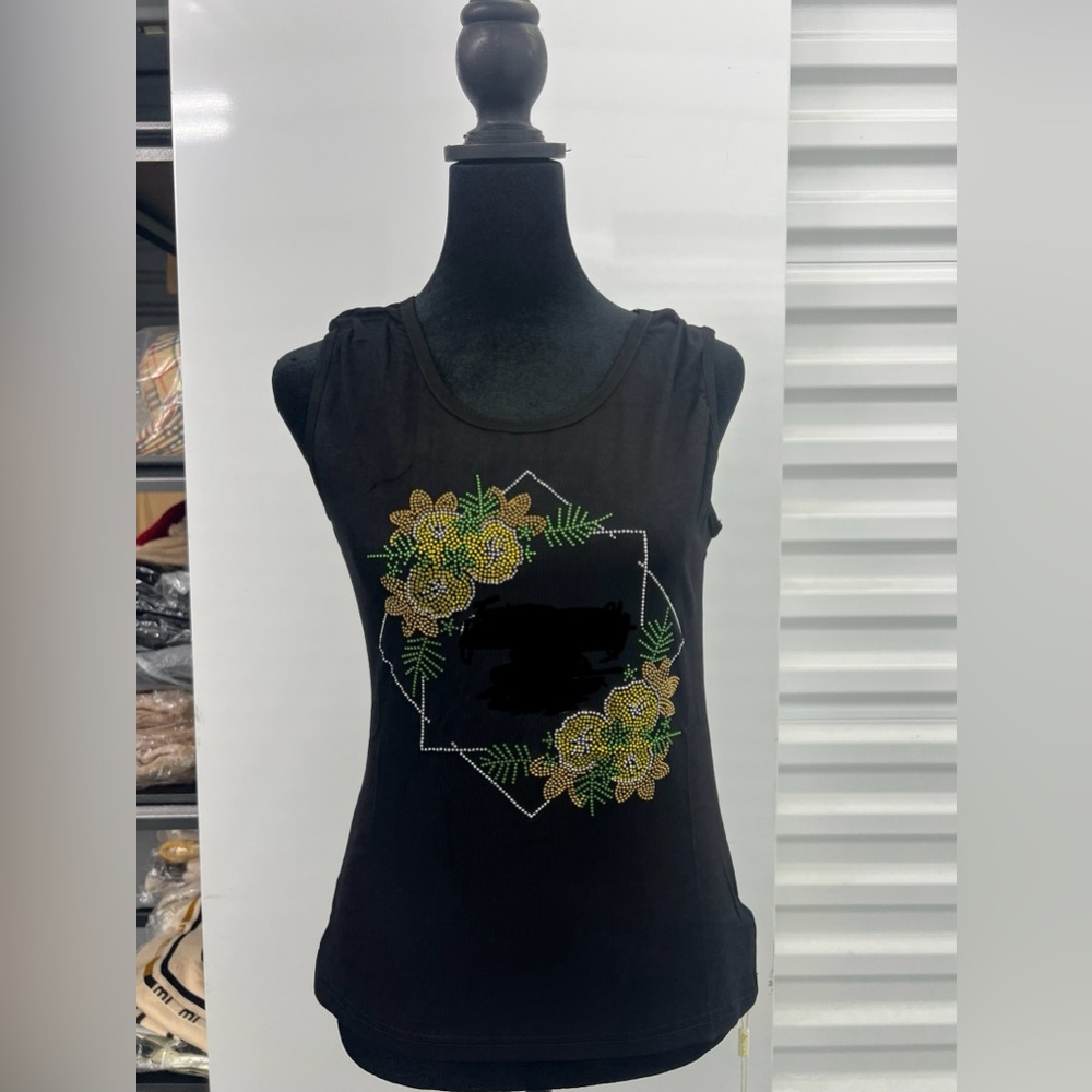 Women Rhinestone Black Tank Top